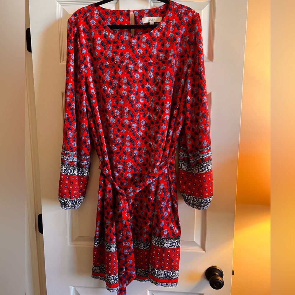 Loft Red & Blue Tie Waist Floral Women's Dress